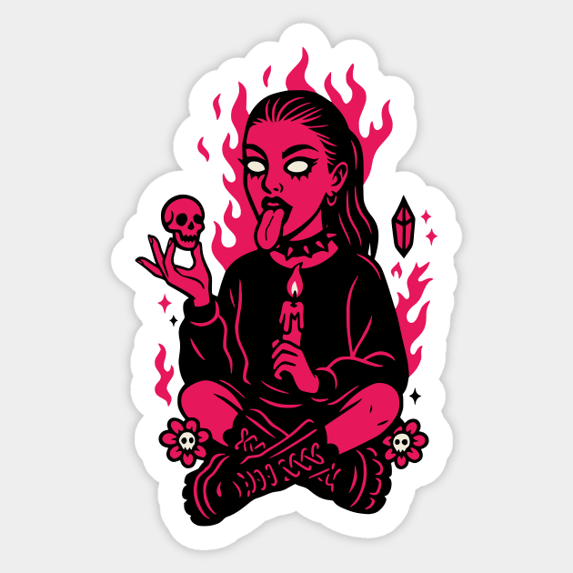 Goth Girl in Pink Flames Occult Vibes Sticker by Designed By Marty